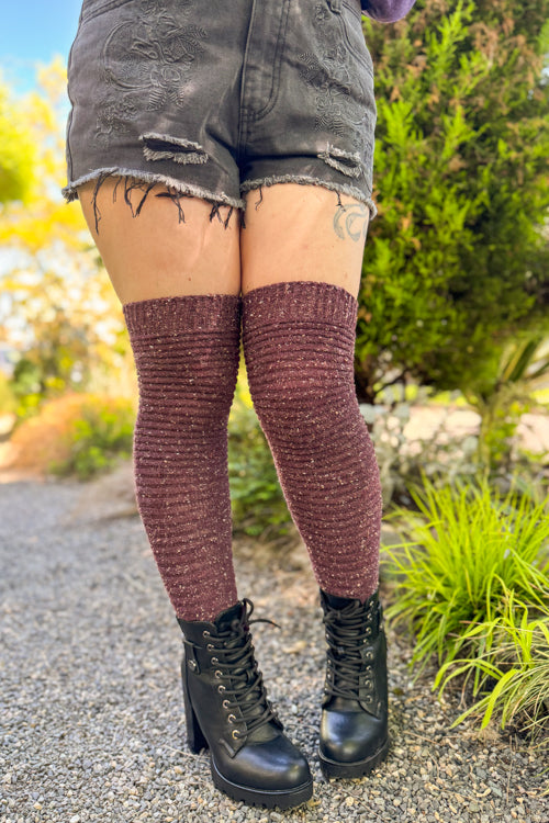 Slinky Tweed Knit Thigh High Socks - Eggplant