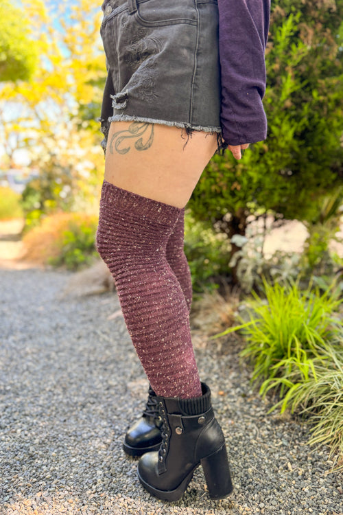 Slinky Tweed Knit Thigh High Socks - Eggplant