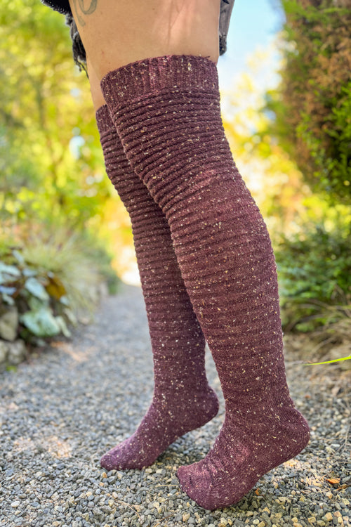 Slinky Tweed Knit Thigh High Socks - Eggplant