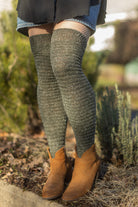 Slinky Tweed Knit Thigh High Socks - Olive