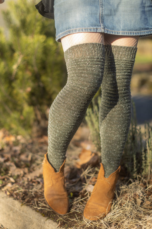 Slinky Tweed Knit Thigh High Socks - Olive