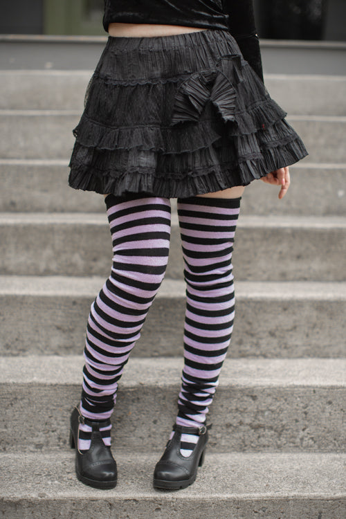 M Stripes Thigh High Socks - Black/Lilac