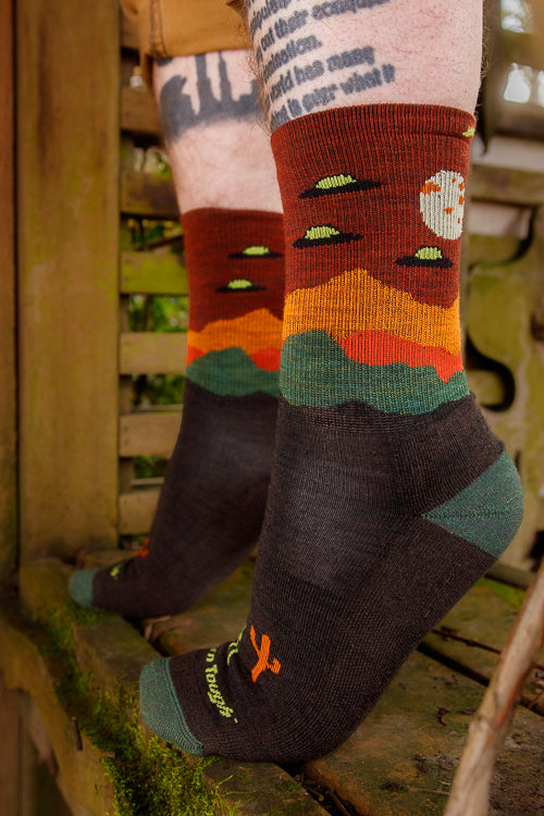Spaced out walnut crew socks with UFO's 