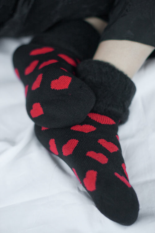 New Zealand Bed Socks with Hearts - Black with Red Hearts