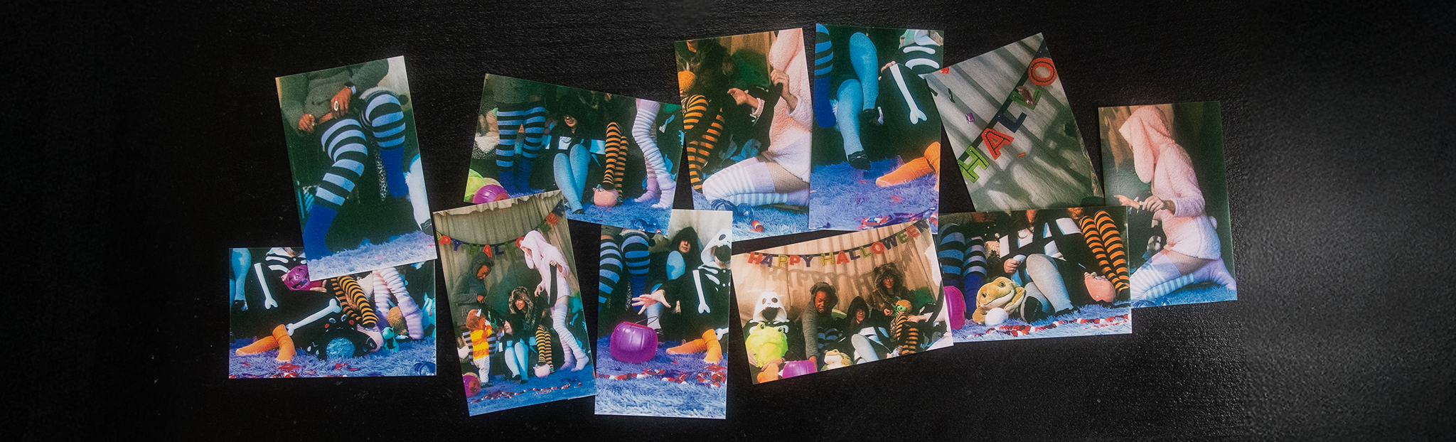a cluster of photographs featuring people in Halloween costumes with socks