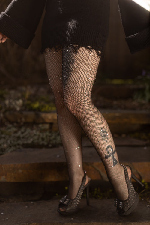 Rhinestone Fishnet Tights - Black