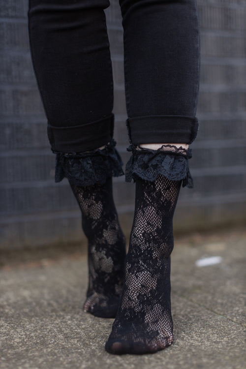 Floral Lace Anklets - Black