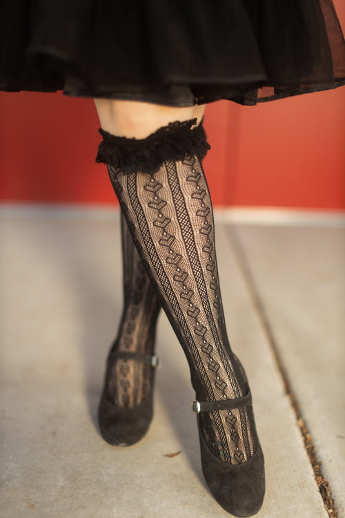 Sweetheart Ruffle Cuff Knee High - Black