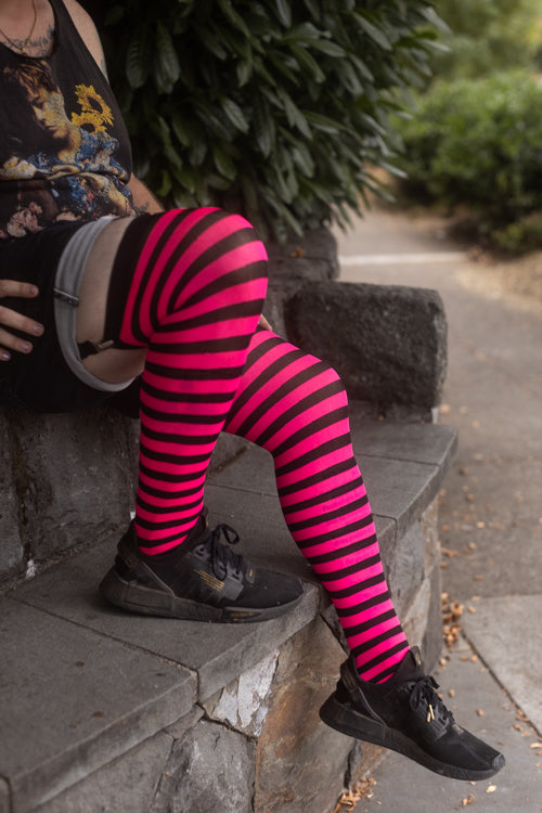 Striped Over the Knee - Black / Neon Pink