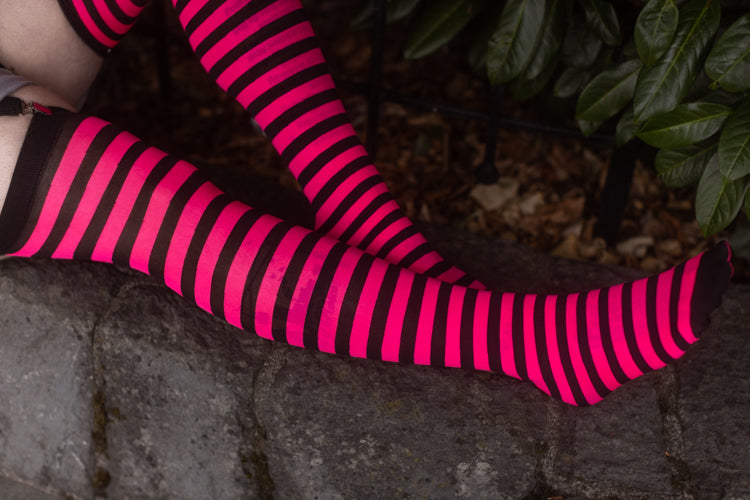 Striped Over the Knee - Black / Neon Pink