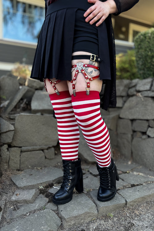 Striped Nylon Thigh High - White and Red