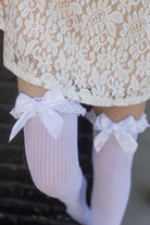 Lace Garter Sheer Striped Thigh Highs with Satin Bow - White