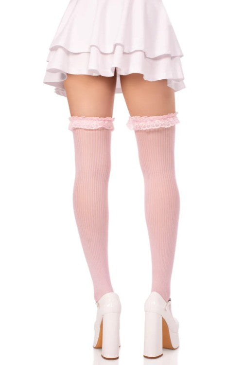 Lace Garter Sheer Striped Thigh Highs with Satin Bow - Pink