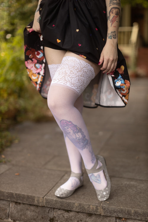 Plus Size Sheer Stockings with Lace Stay-Up Top - White