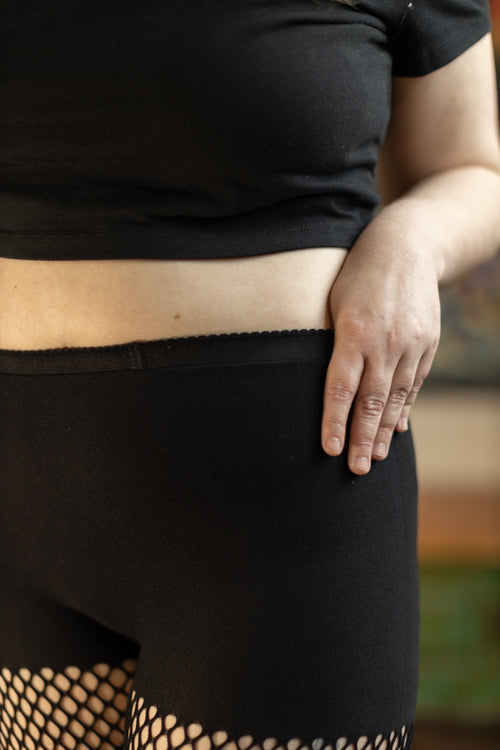 Opaque Faux Thigh High Tights with Striped Fishnet Accent