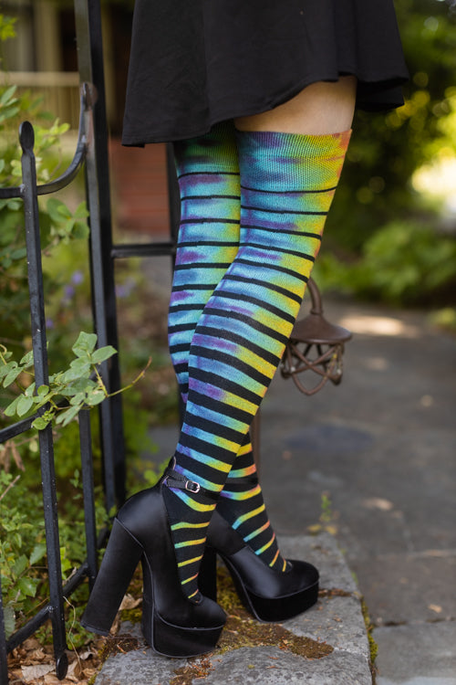 Tie Dye Extraordinary Gradient Stripes Thigh High - rainbow cuff