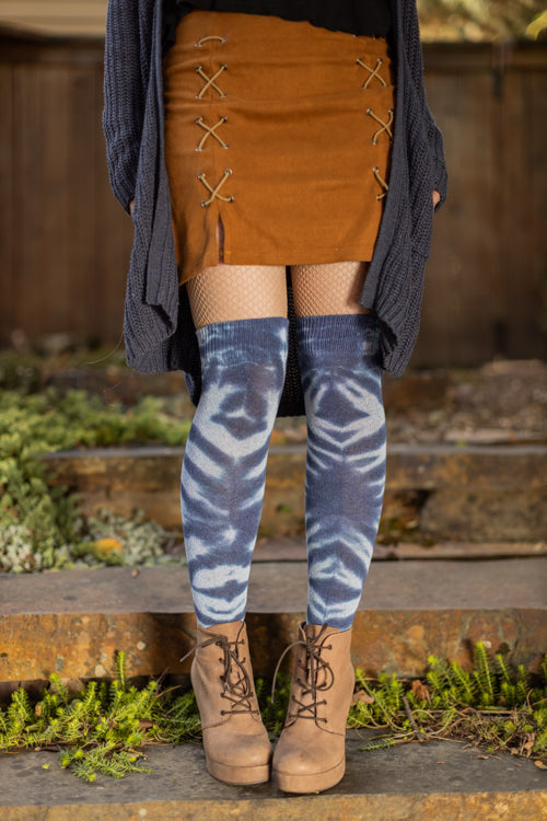 O Tie Dye Knee Socks - Blue Shibori