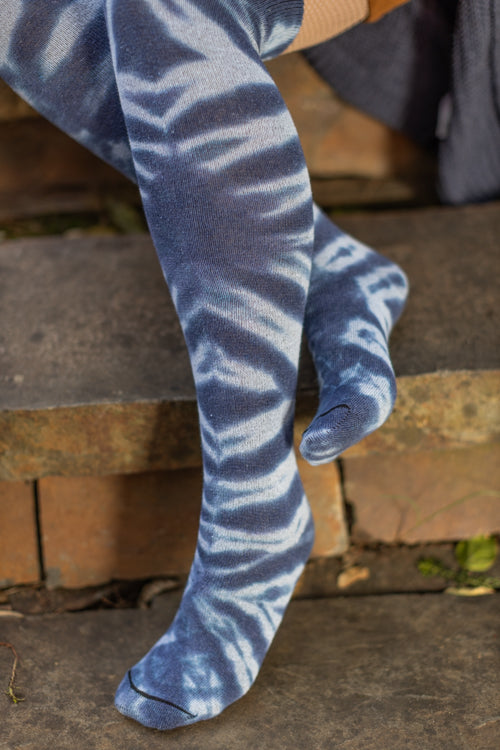 O Tie Dye Knee Socks - Blue Shibori