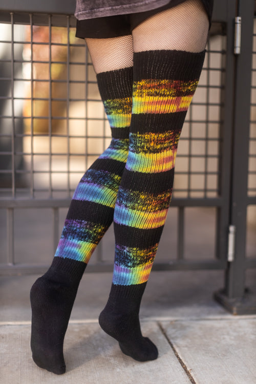 Tie Dyed Marled Striped Thigh High Socks