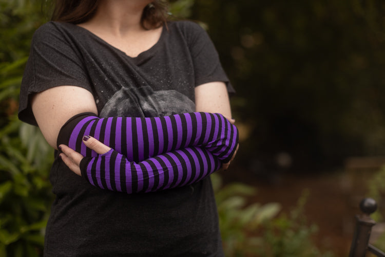 Striped Nylon Arm Warmers - Purple &  Black