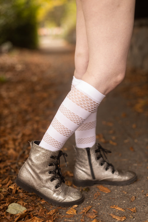 Mini Diamond Net and Opaque Striped Knee High - White