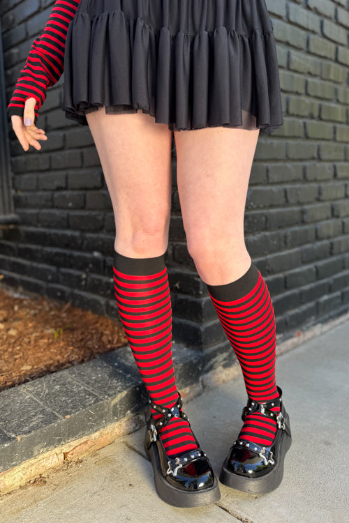 Striped Nylon Knee Highs - Black & Red