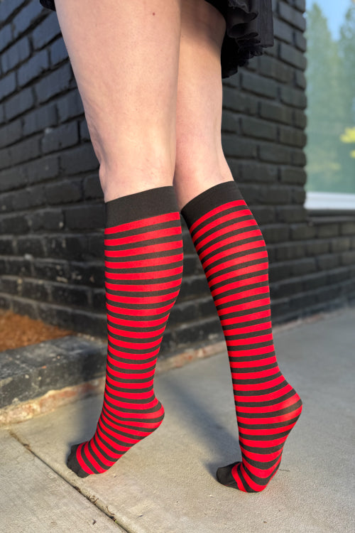 Striped Nylon Knee Highs - Black & Red