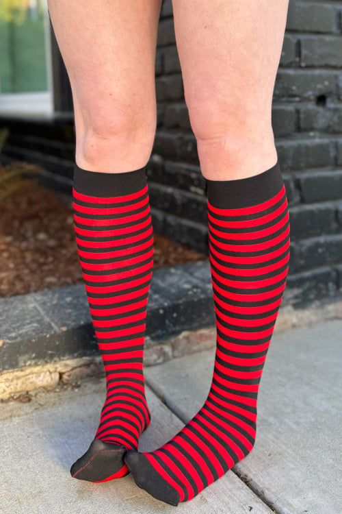 Striped Nylon Knee Highs - Black & Red