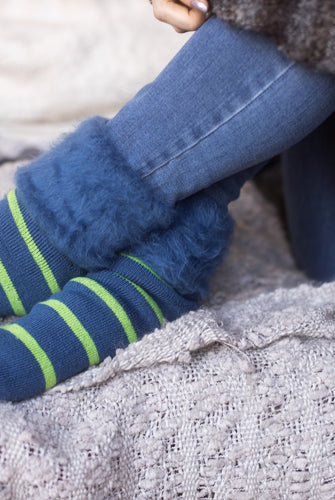 New Zealand Bed Socks with Stripes - Denim & Apple Green