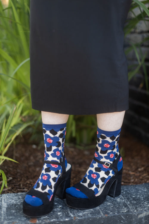 Bold Blue Floral Sheer Crew