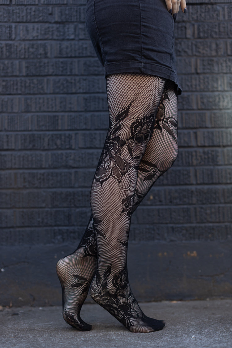 Cervia Floral Fishnet Tights - Black Nero