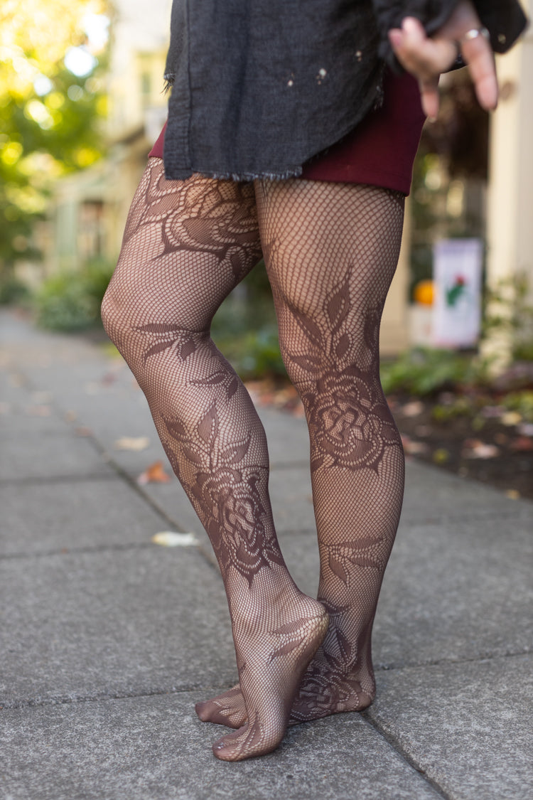 Cervia Floral Fishnet Tights - Mocha