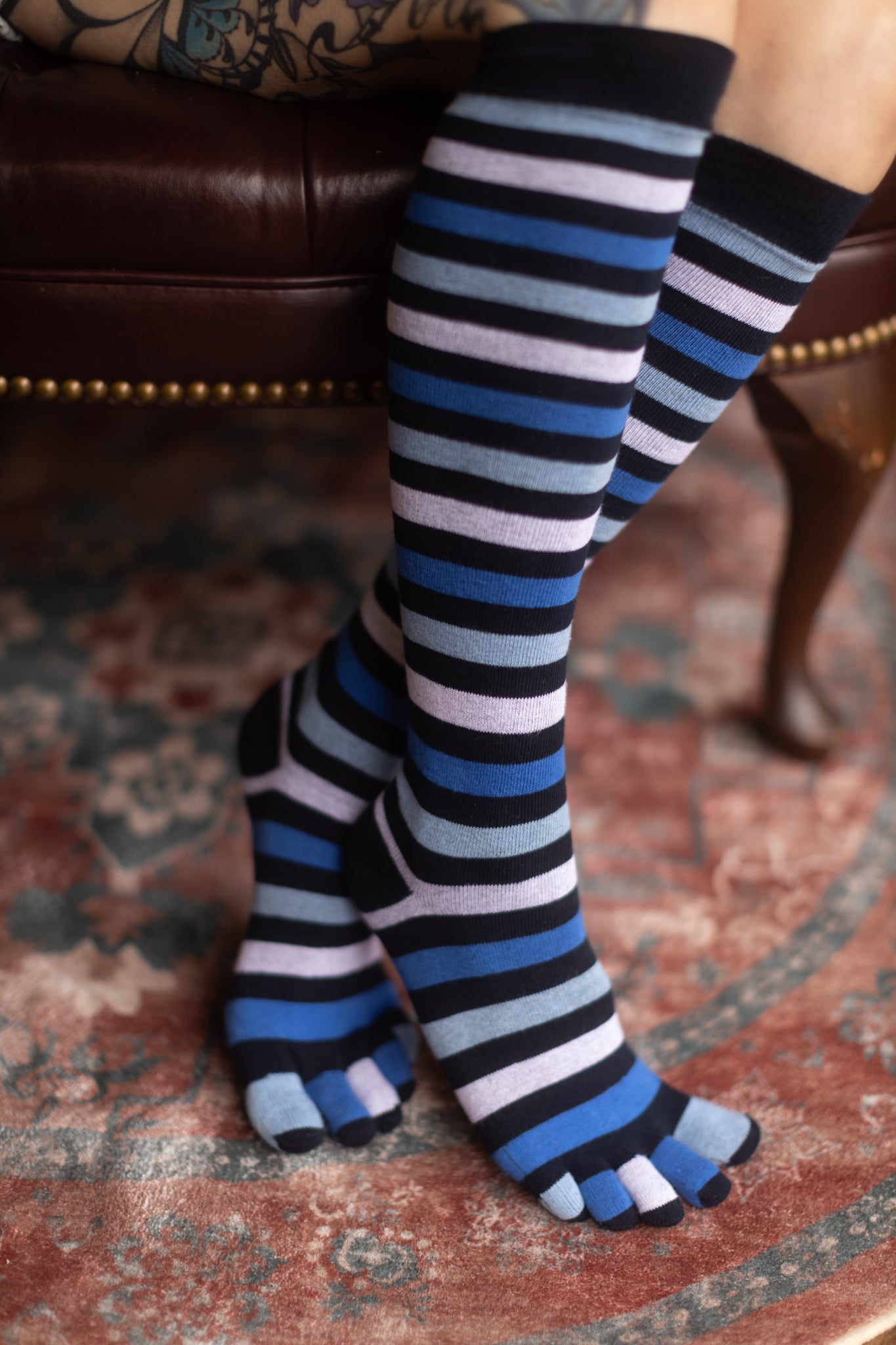 Striped Knee High Toe Socks - Denim Stripes