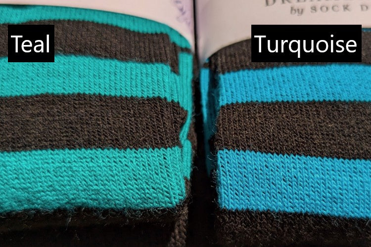 comparison of teal and turquoise colors - teal is greener, while turquoise is bluer