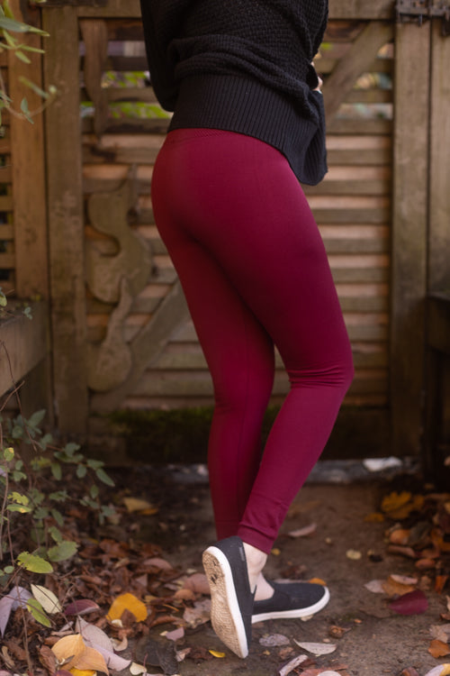 High Waisted Fleece Lined Leggings - wine