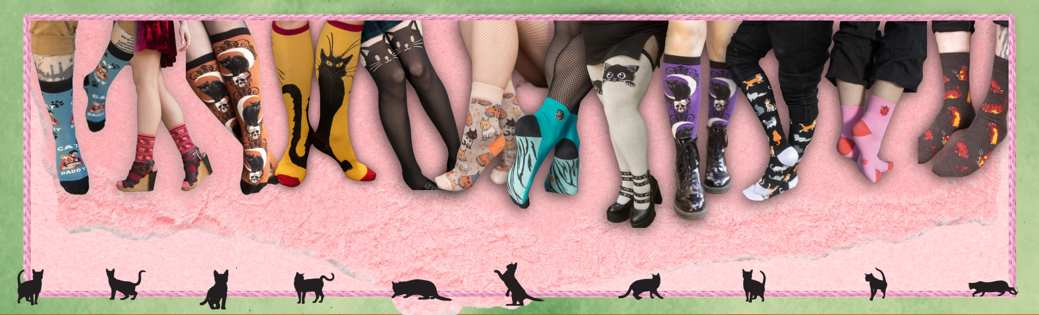 various cat socks on a pink background with black cat silhouettes 