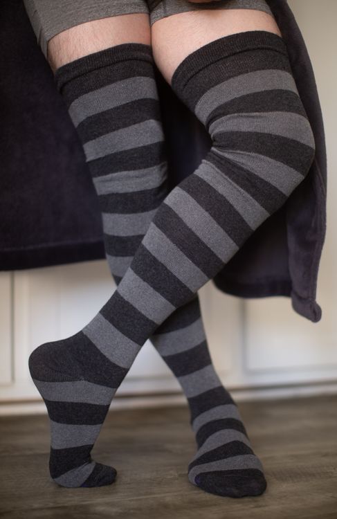 XL Foot Extraordinarily Longer Striped Thigh Highs in Dark Charcoal and Charcoal