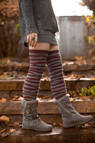 M Stripes Thigh High Socks - Dark Red/Charcoal