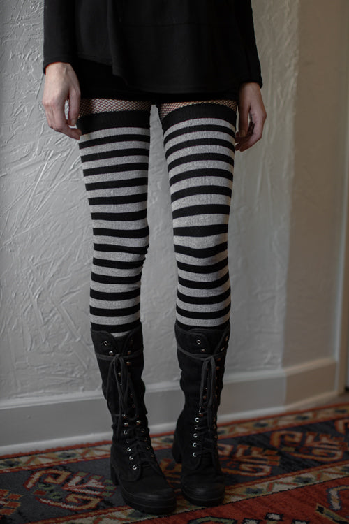 M Stripes Thigh High Socks - Black/Grey