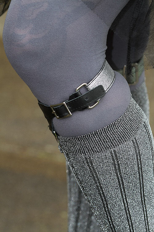 1 Inch Metallic Elastic Buckle Garter - Silver with Black Leather