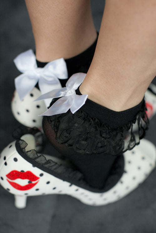 Lace Ruffle Anklet with Bow - Black with White
