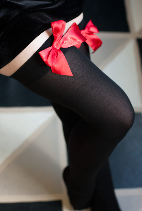 Opaque Thigh High Stockings with Bow - Black with Red