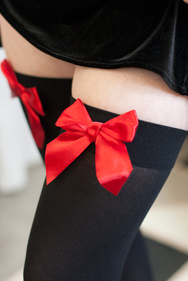 Opaque Thigh High Stockings with Bow - Black with Red
