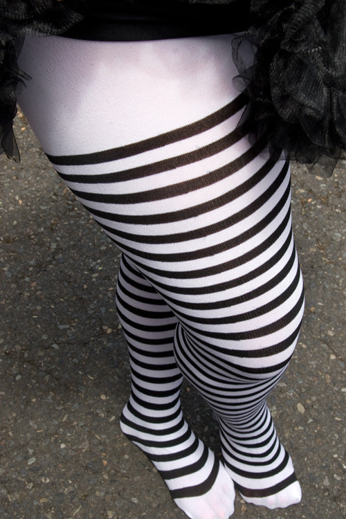 Womens Wide Striped Stockings  Black and White Full Length Pantyhose