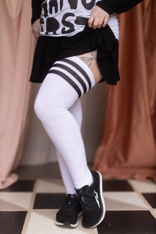 Athletic Thigh High Striped Tube Socks in Light Blue and White