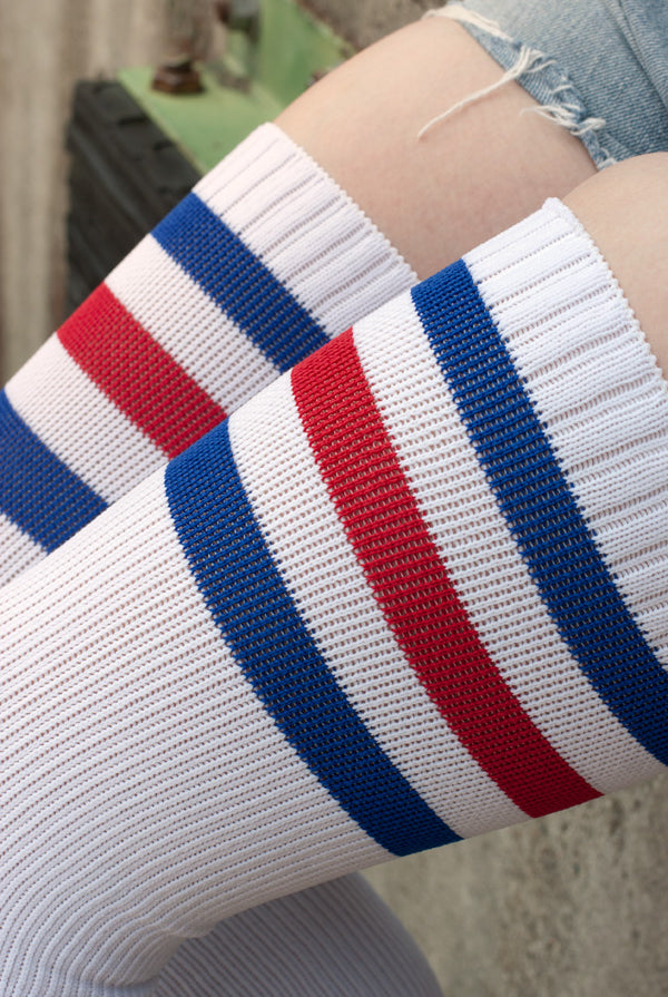 Americana Thigh High Socks - White with Blue & Red