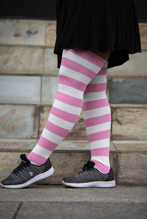 Extraordinarily Longer Striped Thigh High Socks - Bubblegum & Sweet Cream
