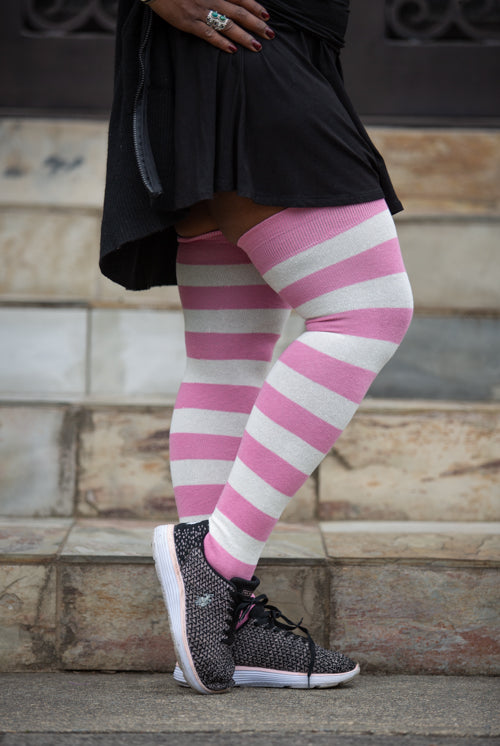 Extraordinarily Longer Striped Thigh High Socks - Bubblegum & Sweet Cream