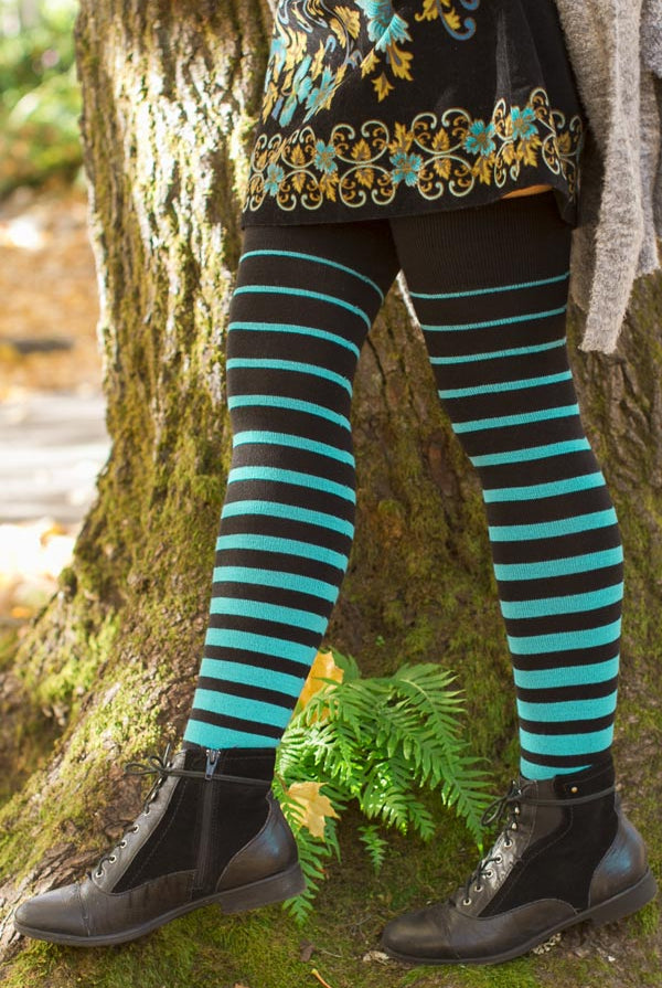 Extraordinary Acrylic Gradient Stripes Thigh High - Black & Turquoise