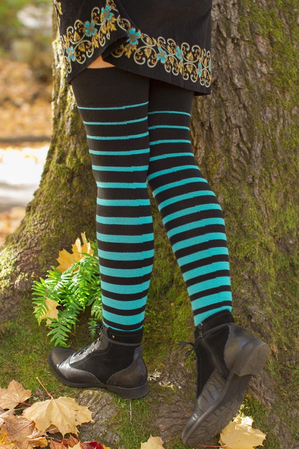 Extraordinary Acrylic Gradient Stripes Thigh High - Black & Turquoise